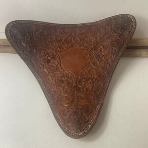 Vtg Tripod Stool Leather Hand Tooled Horse Western 3 Legged Cabin Ranch Decor